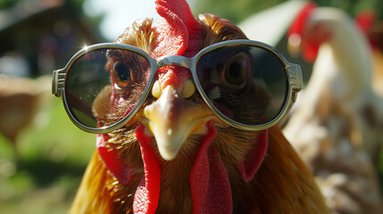 Zbliżenie na kurczaka w przeciwsłonecznych okularach