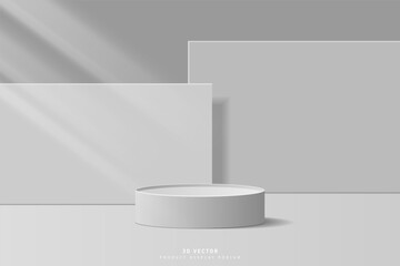 Abstract minimal scene for product mockup. Gray 3D cylinder pedestal stage podium with rectangle geometric shape backdrop. platform for showcase. 3D vector rendered for cosmetic product.