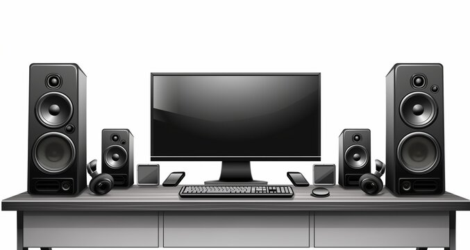 Desk with computer and loudspeakers isolated vector image.