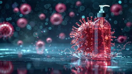 Coronavirus molecule is broken down by hand sanitizer. Covid-19 virus. Abstract futuristic geometric background. Modern graphic concept. Isolated modern illustration. Low poly style. - obrazy, fototapety, plakaty