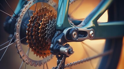 Mountain bike wheel gears closeup. Brake system. Close-up. - obrazy, fototapety, plakaty