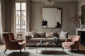 Moderne Eleganz: Pariser Wohnzimmer mit Samtmöbeln und zeitgenössischer Kunst - obrazy, fototapety, plakaty