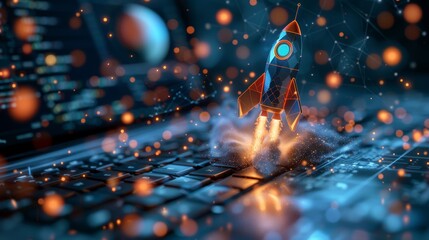 A stylized abstract rocket launch from a laptop. Blue geometric background. Wireframe light connection structure. Modern 3D graphic concept. Isolated modern illustration.