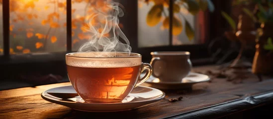 Tafelkleed A cup of freshly brewed hot tea, steam escaping, bright kitchen table background © MBRAMO