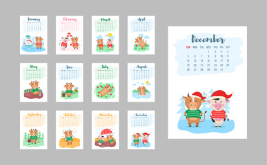 Happy Chinese 2021 year calendar template design with cute cow. 2021 calendar design with bull with hobbies in different seasons of the year. Set of 12 months. Year of the bull. Vector illustration