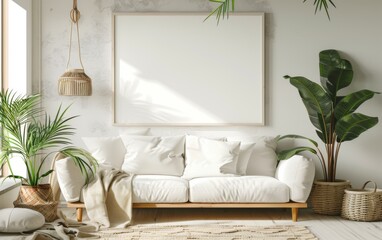 Mockup frame close up in coastal style home interior background, 3d render