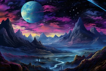 a landscape with mountains and a river and a moon