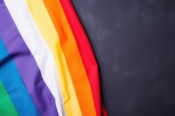 LGBTQ+ pride flag partially covering a dark black background, symbolizing diversity. Pride Flag Draped Over Black Surface