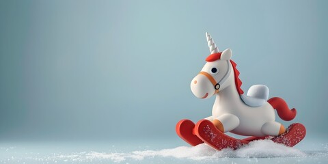 Cheerful Rocking Unicorn Passing on of Playful Delight and Joyful Memories in a Snowy Holiday Scene with Copy Space