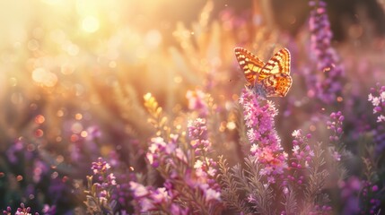A violet heather flower and butterfly are in rays of summer sunlight on a spring day outside in...