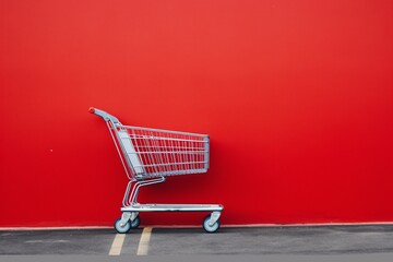 a shopping cart against a red wall