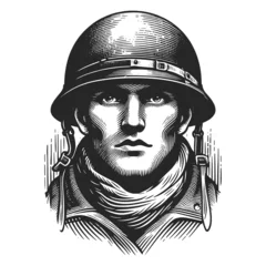 Fotobehang soldier portrait wearing a military helmet in a vintage engraving style sketch engraving generative ai fictional character raster illustration. Scratch board imitation. Black and white image. © Oleksandr Pokusai