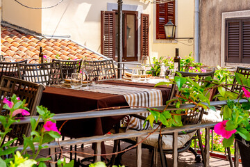 Cosy terrace in the old town of Lovran, Istria, Croatia
