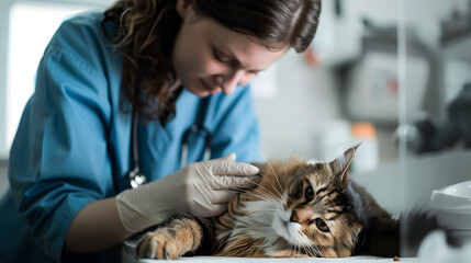 Veterinarian examining a cat