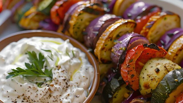 Grilled vegetable skewers with a side of homemade tzatziki sauce.