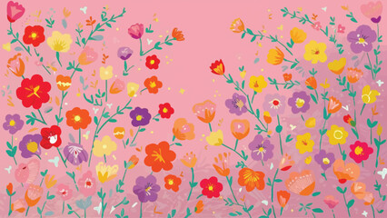 Vibrant Blooms: Spring Design with Colorful Flowering Branches on a Light Pink Background