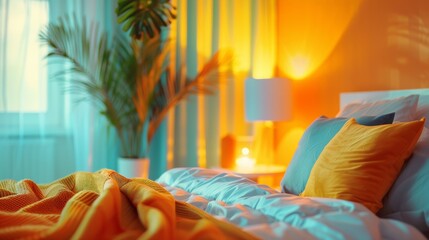 A bed with a blue blanket and pillows in front of the window, AI - 773065946