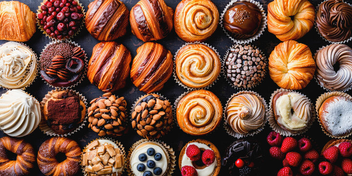 An array of delectable pastries including croissants, Danishes, and tarts, garnished with fresh berries and nuts, on a flat surface.