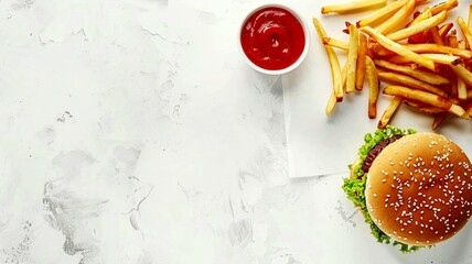 background, empty space, hamburgers, french fries, sauces, banner