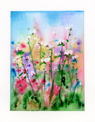Colorful flowers painting,  floral background. Watercolor illustration. - 773066134