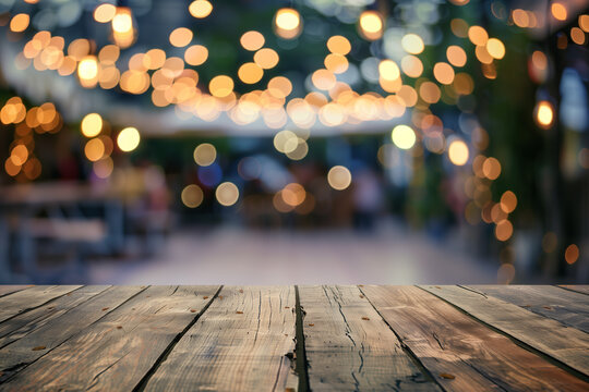 Beautiful blurred background of an empty wooden table with bokeh lights and the blurry image of an outdoor cafe in the evening, for product display montage. Background of a wood table with copy space 