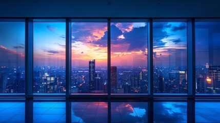corporate background with office windows and a cityscape