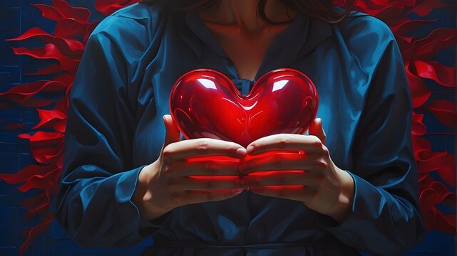 The heart appears to glow in the hands of the figure, its vibrant red color standing out against the deep blue tones of the background, creating a powerful and emotive image.