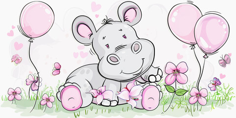 Cute cartoon hippo with pink flowers, butterflies, and balloons in a whimsical, joyous scene suggesting a celebration or party.