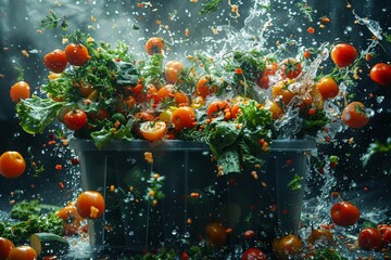food waste concept with fresh vegetables being tossed in the bin - obrazy, fototapety, plakaty