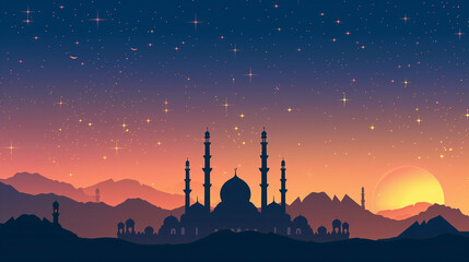 Fototapeta premium Peaceful Mosque Scene at Sunset, Calm Ramadan Illustration