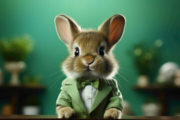 A fluffy baby bunny wearing a tiny bowtie, hopping joyfully on a mint green background.