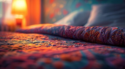 A bed with a colorful blanket and pillows on it, AI - 773066941