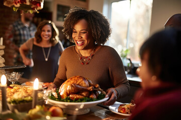 Family Celebrating Thanksgiving with Joyful Woman Holding a Roasted Turkey