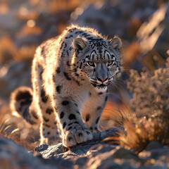 Obraz premium Endangered Snow Leopard, soft fur, gracefully stalking through a rewilded Himalayan valley 3D Render, Golden Hour, Depth of Field