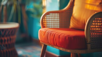 A close up of a chair with an orange cushion on it, AI - 773067318