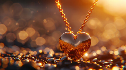 Golden Heart, ethical gold necklace, symbol of compassion, being certified in a bustling jewelry shop, under warm sunlight, 3D render, golden hour, depth of field bokeh effect - obrazy, fototapety, plakaty