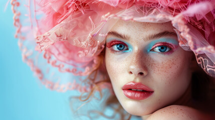 A woman with a pink hat and blue eyes, AI - 773067356