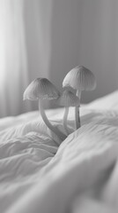 Three mushrooms growing on a bed in front of the window, AI - 773067363