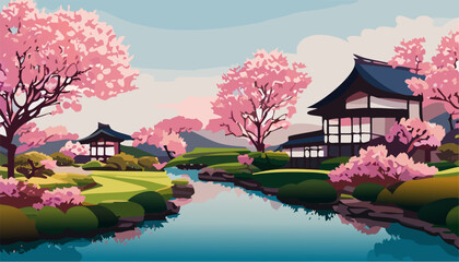 Naklejka premium Japanese garden with cherry blossoms and lake and mountains