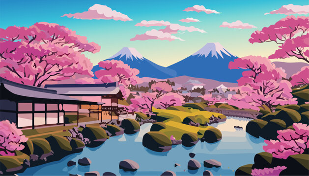 Japanese garden with cherry blossoms and lake and mountains