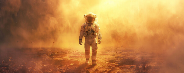 Lonely astronaut challenge roaming discovery travel in mystery isolation galaxy landscape universe exploration