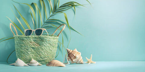 Seashells, summer bag and glasses on a blue background. Banner concept template for advertising...