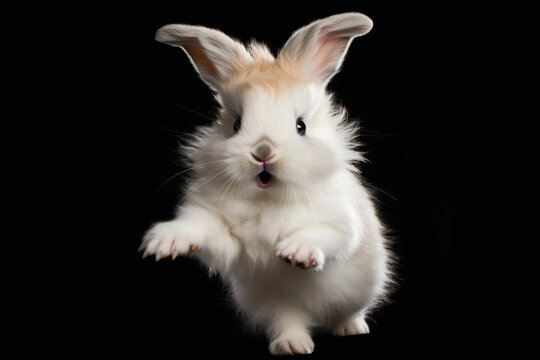 A fluffy baby bunny joyfully hopping around on a dark, solid background.