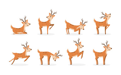 Set of brown deer running and jumping. Beautiful stylized cartoon deers isolated on a white background. Cartoon character animal design. Vector illustration in flat style