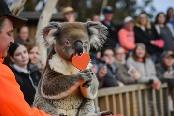 Poster koala receiving heartshaped medal from zookeeper, crowd watching © studioworkstock