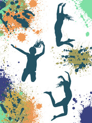 Silhouette of jumping child girl on background of color splashes and blots. Vector illustration