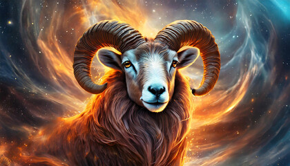 Aries horoscope, ram with horns on flame sky. - obrazy, fototapety, plakaty