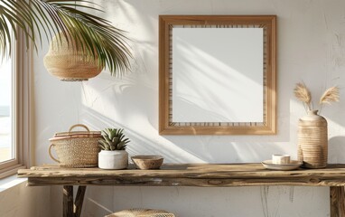 Mockup frame close up in coastal style home interior background, 3d render
