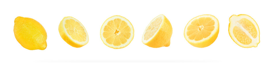 Lemon set isolated on white with clipping path. Juicy ripe flying yellow lemons on white background. Creative food concept. Summer minimalistic bright fruit background. Pattern.