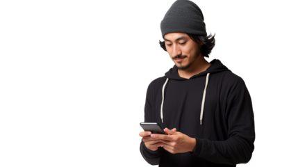 Joven asiático con gorro mirando el móvil sobre fondo transparente